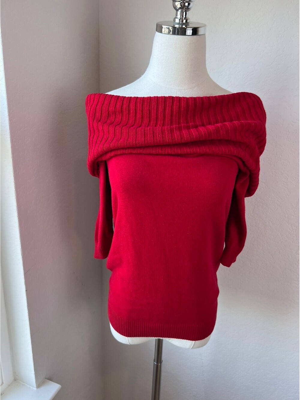 Express Red Wide Neck Sweater with Ribbed Detail size XS - Picture 3 of 7